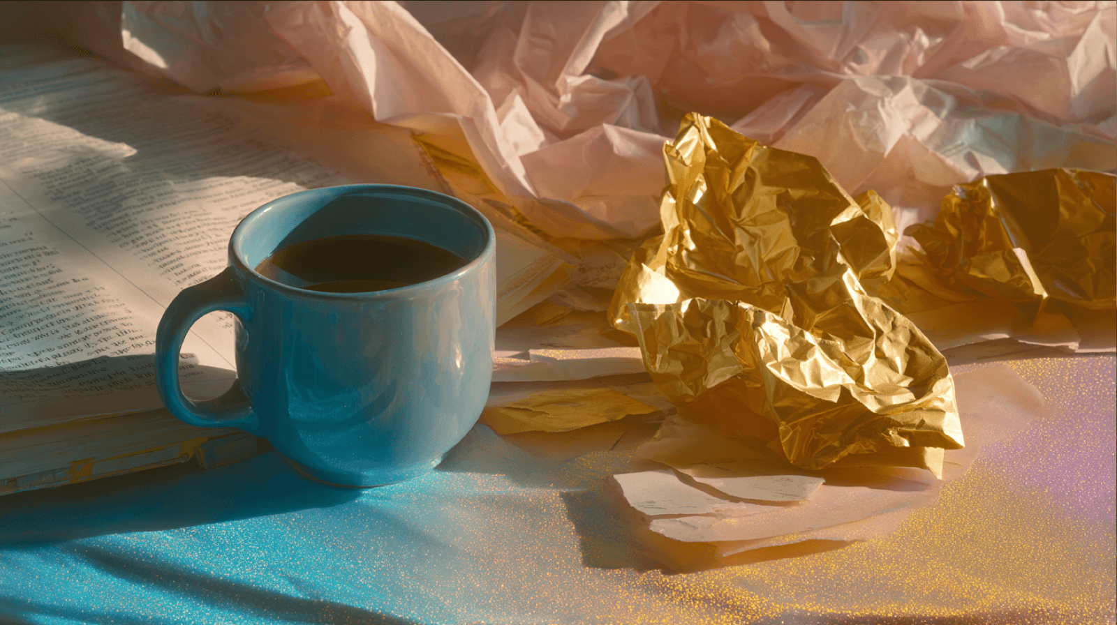 An open notebook on a desk in warm gold light